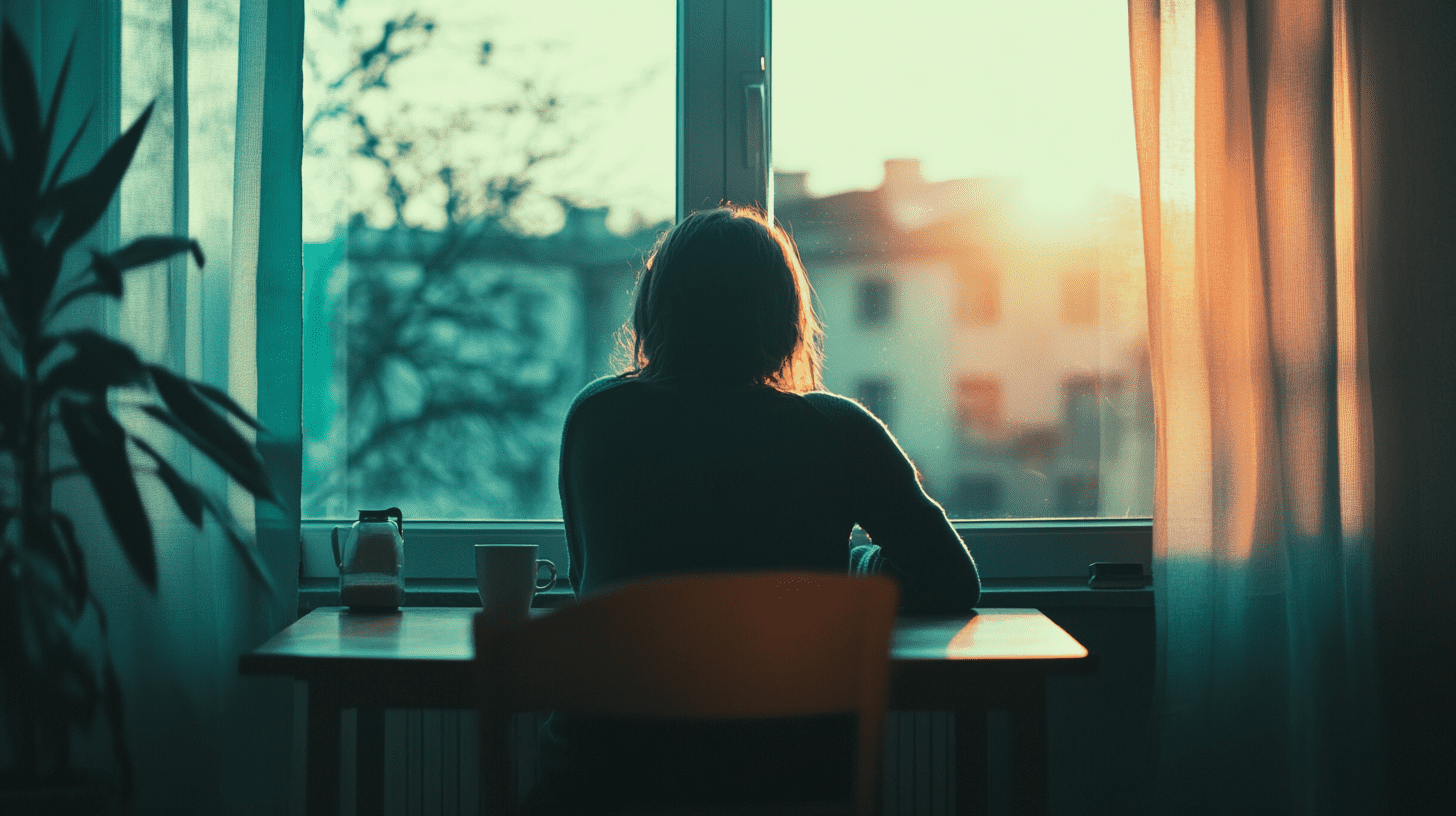 Solitary figure at a window with coffee — mood and contemplation