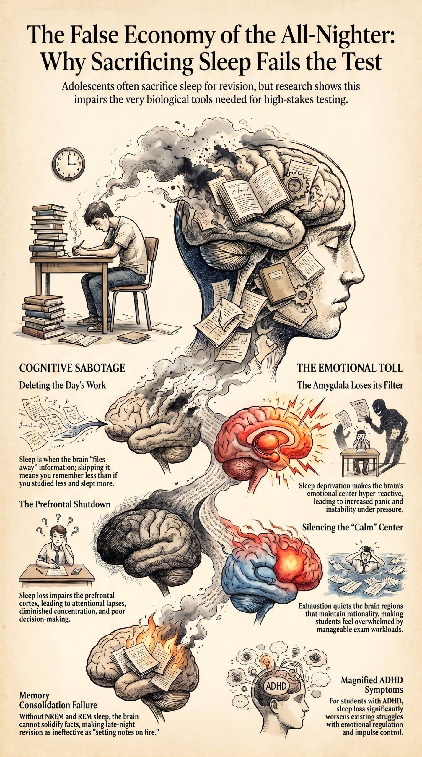 Infographic illustrating cognitive sabotage and emotional toll of all-night revision: memory consolidation failure, prefrontal shutdown, amygdala loses filter, magnified ADHD symptoms