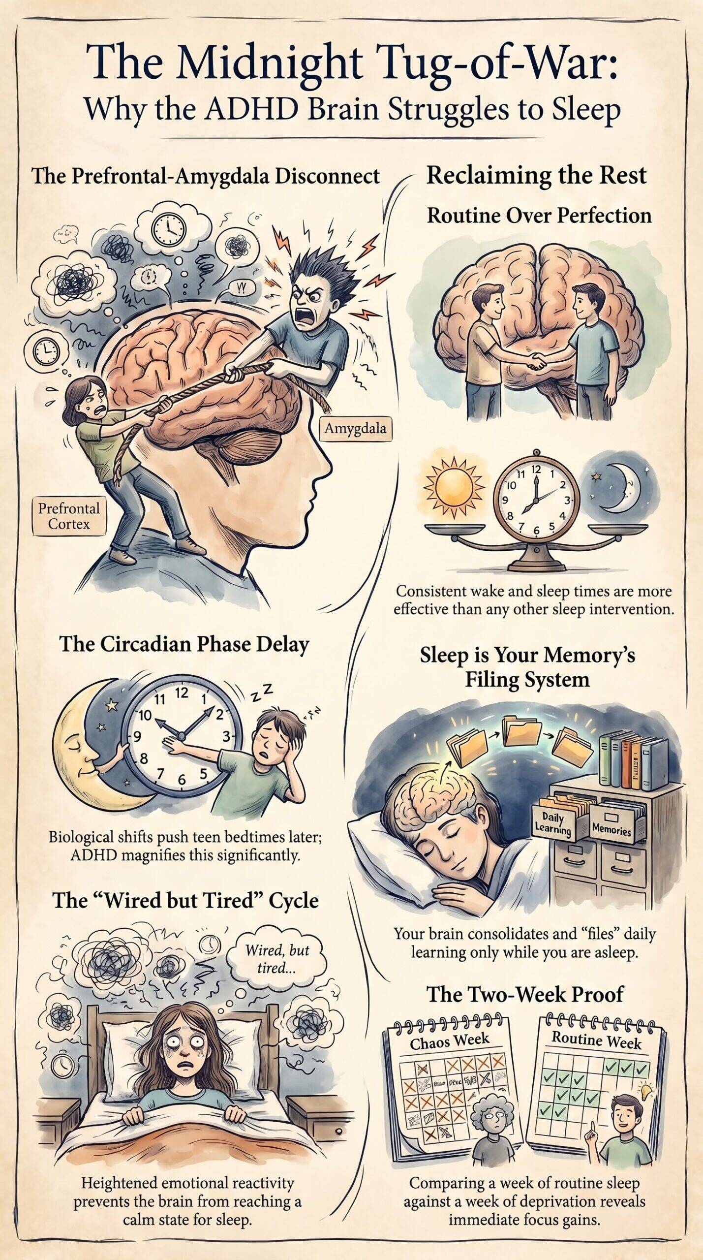 Infographic on ADHD and sleep: prefrontal-amygdala disconnect, circadian phase delay, wired-but-tired cycle, the role of routine and the two-week chaos versus routine comparison
