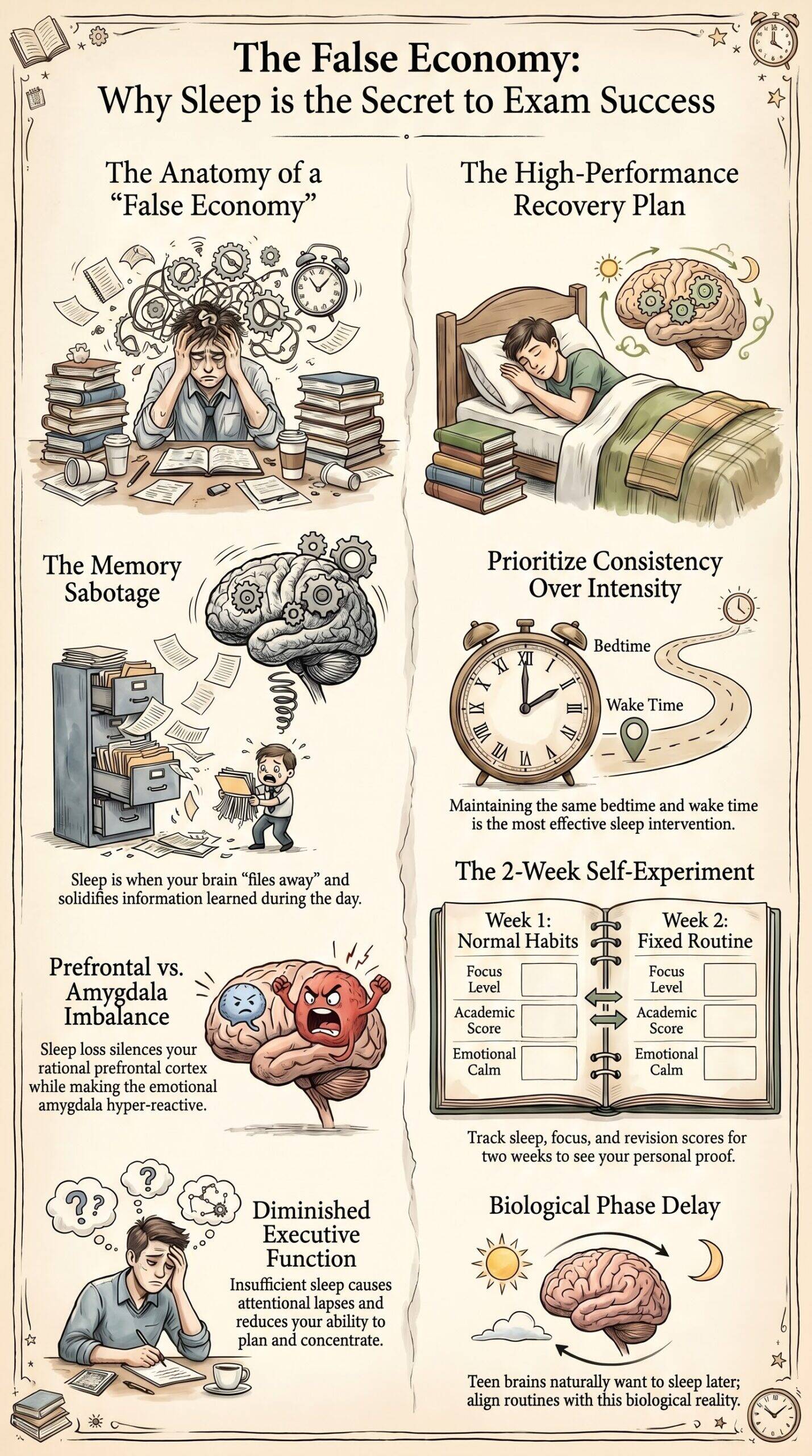 Infographic summarising the false economy of poor exam-season sleep alongside the high-performance recovery plan including the two-week self-experiment